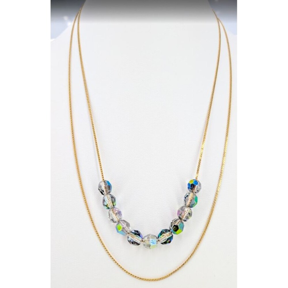 Vintage Necklace Double Strand Gold Tone Iridescent Faceted Plastic Beads 22in - Picture 1 of 16